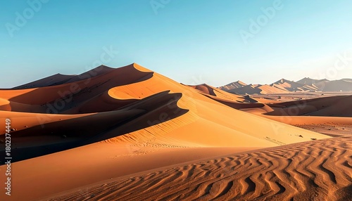 Fototapeta Naklejka Na Ścianę i Meble -  A sweeping vista of golden sand dunes sculpted by wind, stretching towards distant mountains under a bright, clear blue sky.