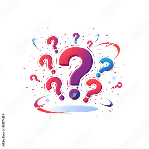 Colorful Floating Question Marks Surrounding Central Inquiry Symbol Representing Curiosity Questions Problem Solving and Decision Making