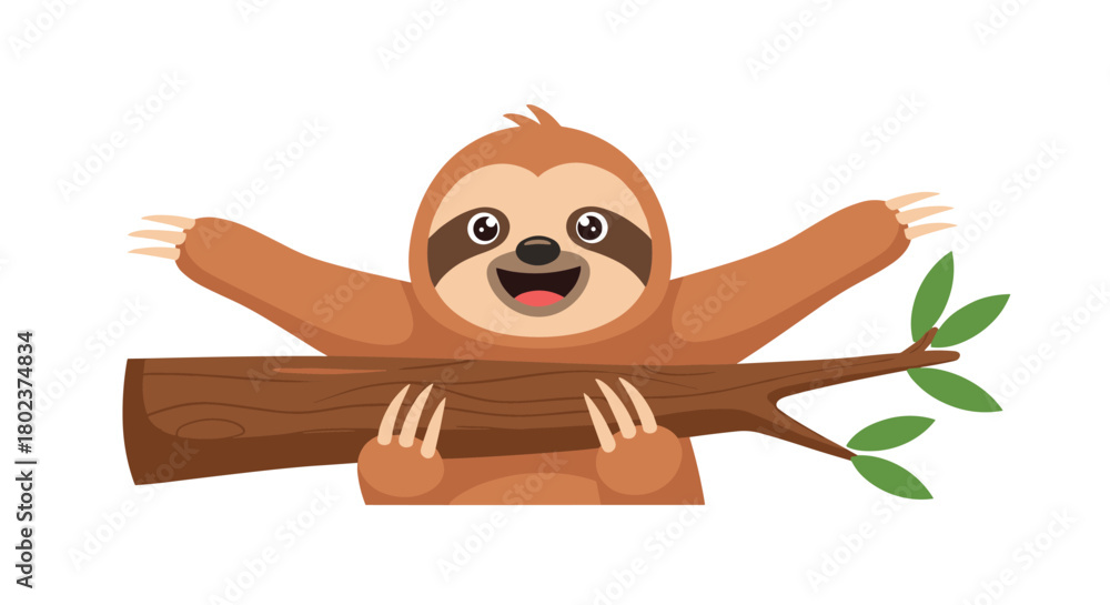 Naklejka premium Happy cartoon sloth hanging on a tree branch with outstretched arms, ready for a hug.