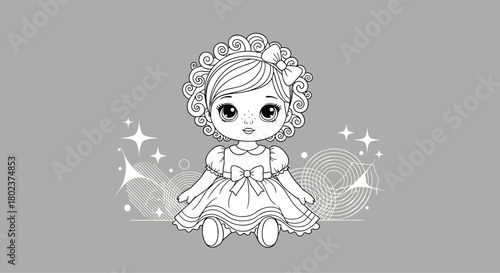 Cute cartoon doll with curly hair and a bow sitting down with sparkles and abstract designs.