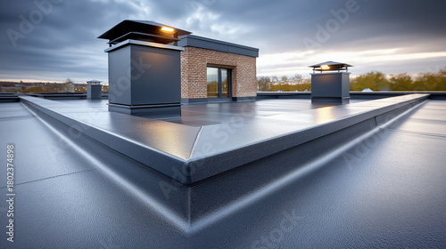 Dachsanierung mit Epoxidbeschichtung auf Flachdach unter bewölktem Himmel