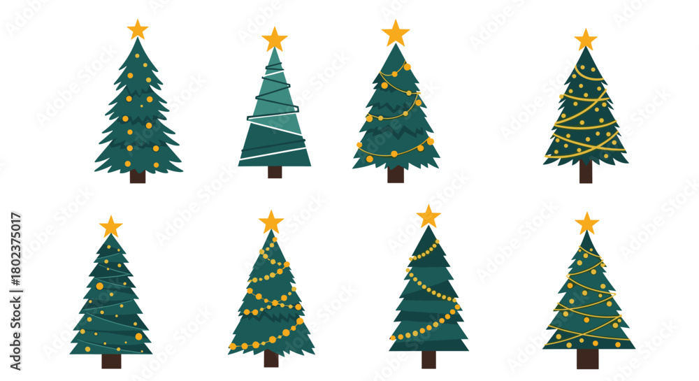 Obraz premium Collection of eight stylized Christmas trees with festive decorations.