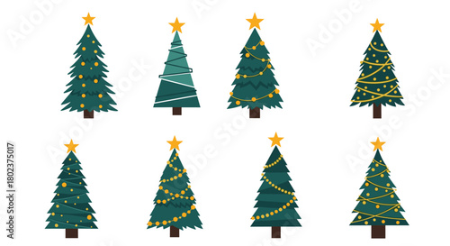 Collection of eight stylized Christmas trees with festive decorations.