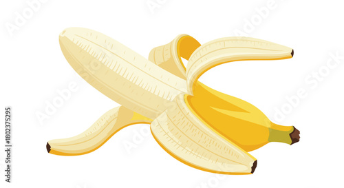 A partially peeled ripe yellow banana with the peel open to reveal the fruit inside.