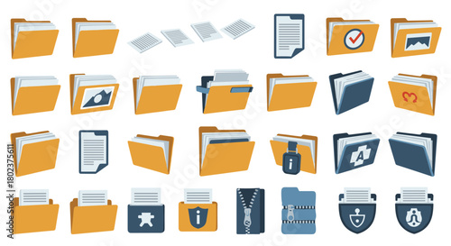 A diverse collection of digital folder icons and document icons for file organization and management.