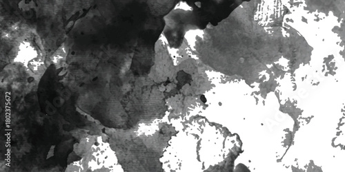 Abstract black and white watercolor ink wash splatter texture isolated on white background