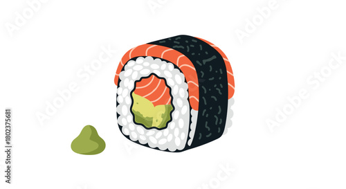 Illustration of a single sushi roll with salmon and avocado, alongside a dollop of wasabi.