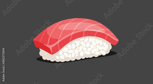 A single piece of delicious tuna nigiri sushi on a dark grey background.