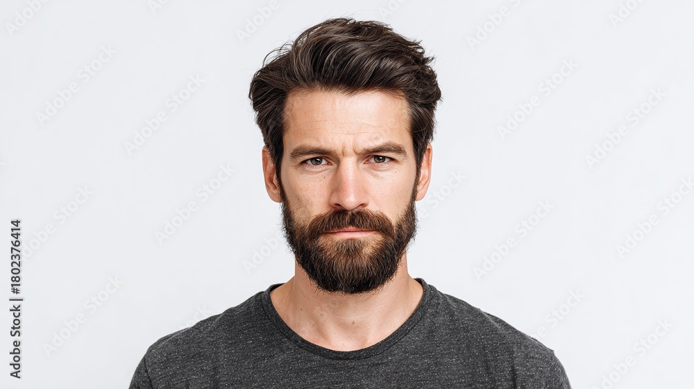 Obraz premium Intense gaze of a bearded man in a gray t-shirt against a plain white backdrop. His piercing eyes and well-groomed beard convey confidence and determination, evoking feelings of strength.