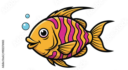A happy, cartoon-style fish with orange and pink stripes swims with bubbles.