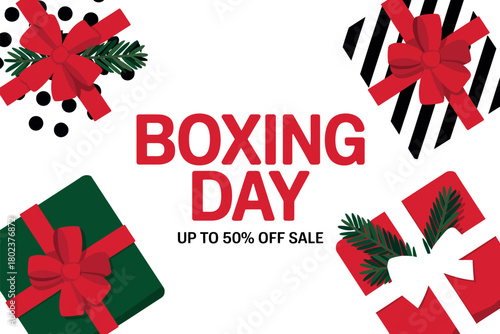 Boxing Day sale with up to 50% off on gifts and presents, celebrating the post-Christmas shopping season.