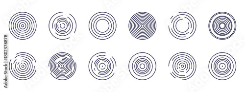 Concentric circles pattern illustration. Vector radial ripple rings with varied line spacing and gaps, symbolizing sound waves, signal expansion, radar pulses, and vibration echo effects.