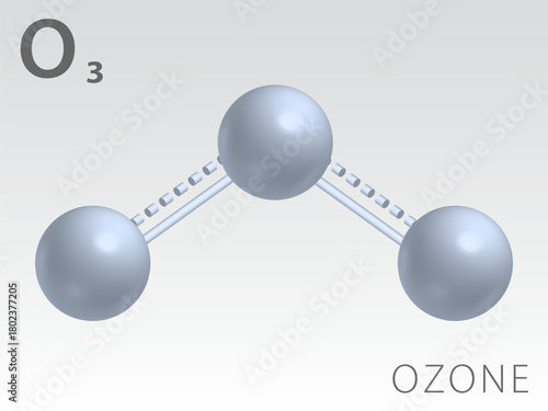 Ozone O3 molecule model and chemical formula. Trioxygen.  Gas. Three dimentional model, Illustration on white background. EPS10.