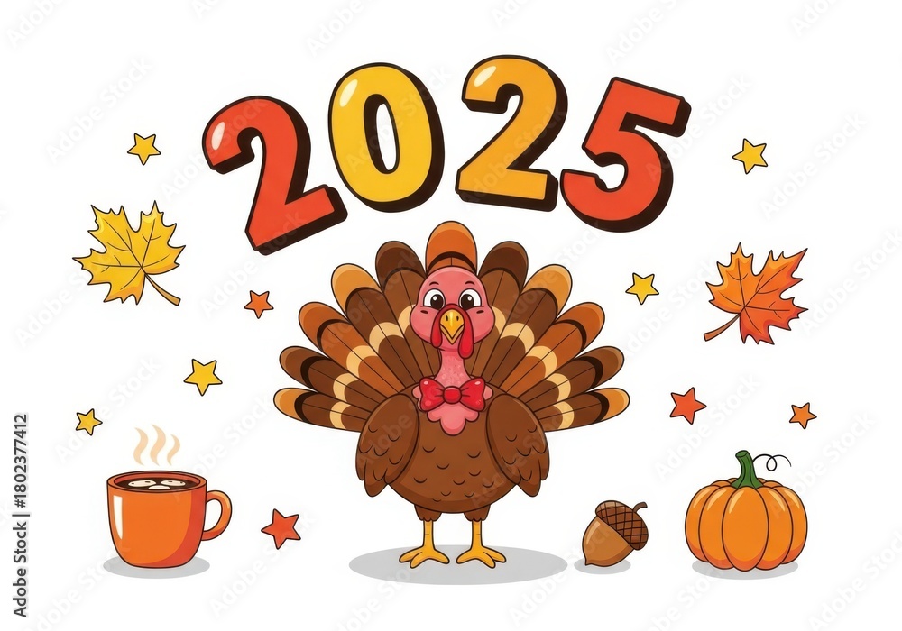Fototapeta premium Funny cartoon turkey for thanksgiving 2025, with hot chocolate, pumpkin, acorn, and autumn leaves, celebrating the holiday with a cheerful and playful vibe