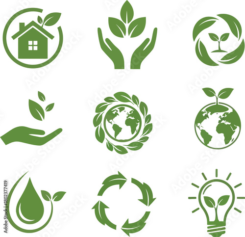 Collection of green eco friendly icons representing sustainability and environmental protection