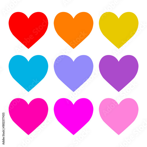 Colorful heart icon set. Happy Valentines day. Different color. Love sign symbol simple template. Greeting card. Decoration element. Square composition. Simple flat design. White background. Vector