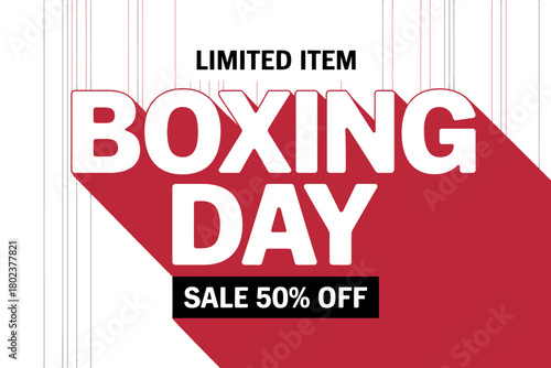 Boxing Day sale event graphic, featuring the text 'LIMITED ITEM' and 'BOXING DAY SALE 50% OFF' with a bold red background and long shadow effect.