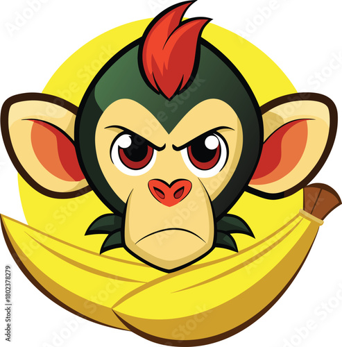 Cartoon monkey mascot with mohawk holding banana ready for fun design projects