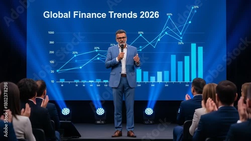 Mature businessman giving a speech on global finance trends at a business conference
