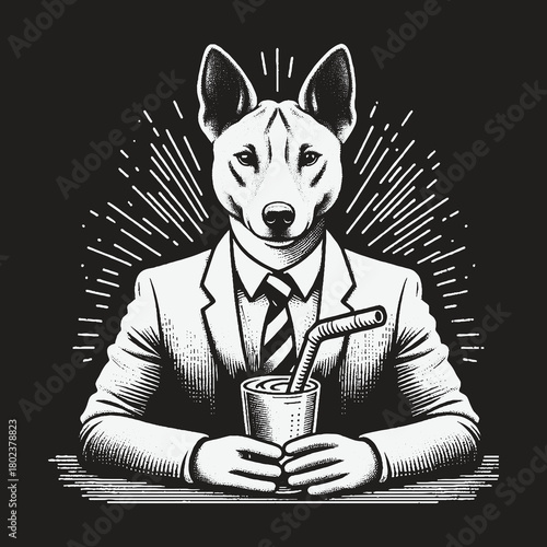 Anthropomorphic Dog Character in a Suit Enjoying a Drink.