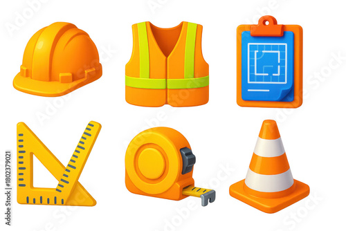 3D Construction Icon Set. 3D icon set of construction planning elements: hard hat, safety vest, clipboard, scale ruler, measuring