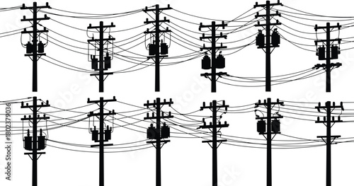 Silhouette of electric utility poles with heavy transformers and messy wires, vector illustration of power distribution grid, black transmission lines