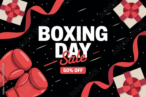 Boxing Day sale with 50% off offers, gift boxes, and festive ribbons, promoting holiday shopping and discounts.