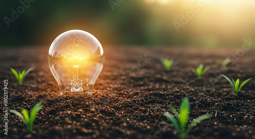 Inspiring new idea blooms with glowing lightbulb nurturing tiny seedlings in fertile soil at sunrise, symbolizing growth and innovation.