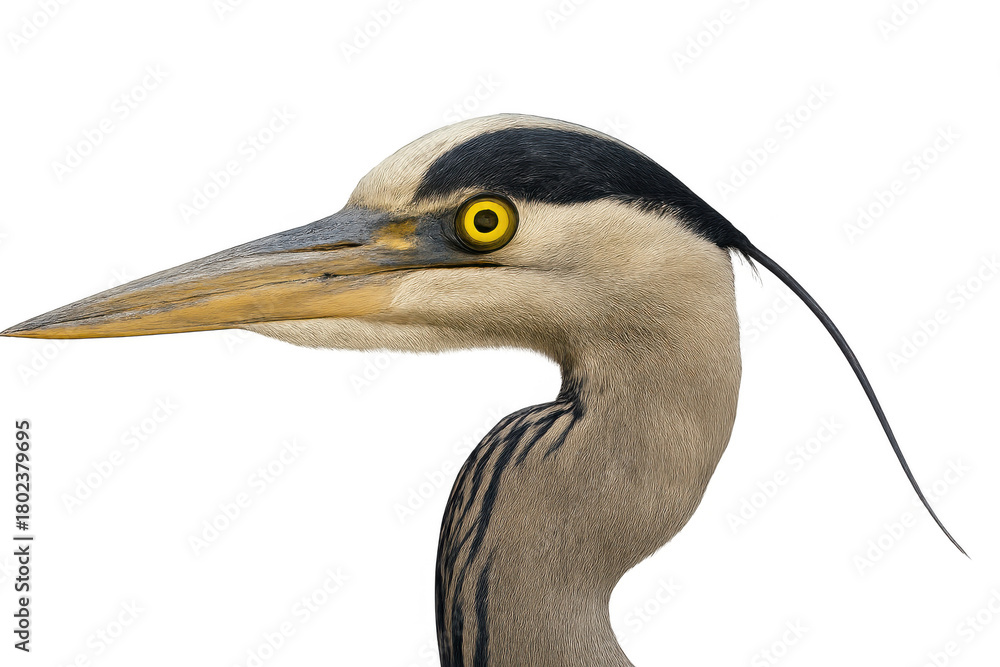 Fototapeta premium Grey heron ardea cinerea showcasing its unique head characteristics, extended beak, and vibrant golden eye, set against a clear background