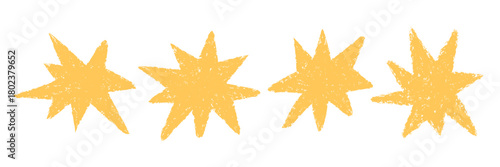 Yellow scribble style star illustrations. Cute rough crayon explosion icon set. Sketch stars silhouettes. Grunge pencil chalk texture. Playful cartoon comic shapes