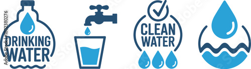 A collection of blue vector icons and emblems symbolizing safe drinking water, purification, and access to clean water from the tap