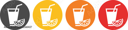 Vector icon set featuring a drink glass with a straw and a citrus wedge, presented in multiple vibrant color variations on circular backgrounds for beverage concepts