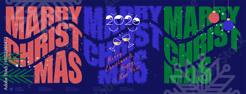 Merry Christmas greeting banner. Simple cartoon  vector illustration. Pattern from inscription Happy New Year and number of the year 2026 in shape of comic cartoon smiling face on evening background