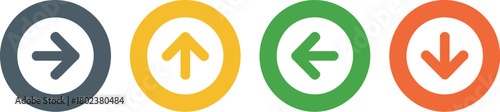 A vibrant set of four circular arrow icons in different colors, indicating right, up, left, and down directions for web or app navigation