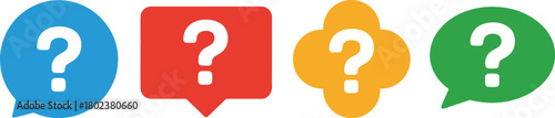 Four colorful speech bubbles with question marks inside, each in a unique shape, representing communication and inquiry