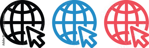 Three stylized icons representing internet browsing and online connectivity with a globe and cursor in black, blue, and red