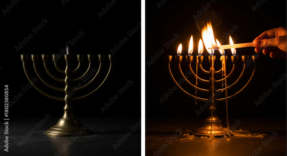Fototapeta premium A Diptych: Panel 1: Unlit Menorah in Shadow. Panel 2: The Shamash in Motion, Approaching the First Candle