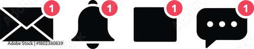 Modern digital user interface notification icons depicting unread messages, incoming alerts, new activity, and chat conversations, essential for app and web design