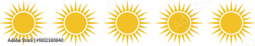 Five sunny sun icons in a row, ideal for warm weather or optimistic themes and visual communication