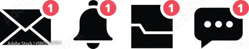 Digital communication alert icons set featuring an envelope, bell, document file, and chat bubble, each with a new notification for pending messages or activity