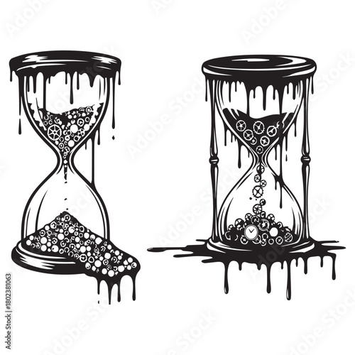 Melting hourglasses with gears illustrate time slipping away in a vintage tattoo style