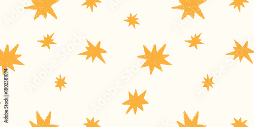 Crayon doodle stars seamless pattern. Shine sparkle hand drawn comic background. Children baby style yellow pencil texture spark. Grunge bling shapes. Playful wallpaper textile design