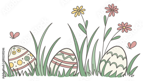 Easter eggs hidden in grass with flowers and butterflies in a whimsical springtime scene drawing