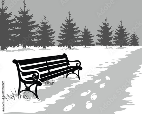 A solitary park bench with ornate metal details sits on a snow-covered path, with footprints leading away into a winter landscape of silhouetted evergreen trees under a gray sky