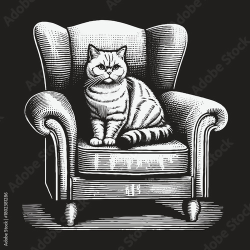 Grumpy British Shorthair Cat Sitting in a Vintage Armchair.