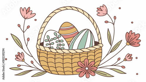A basket filled with easter eggs surrounded by flowers and leaves in a decorative arrangement