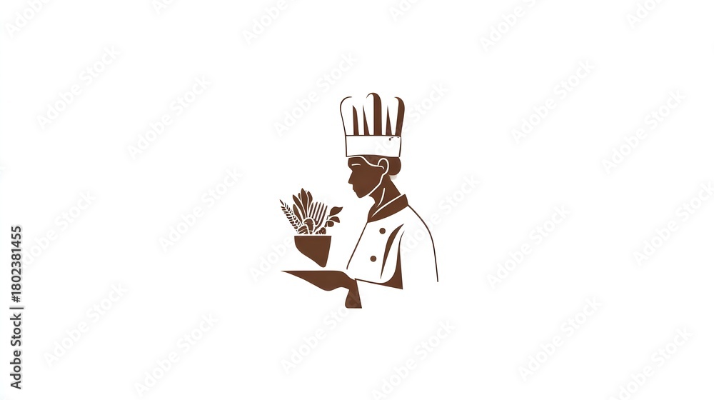 Fototapeta premium Luxury restaurant logo with golden chef and food symbol. Concept: Premium restaurant branding, luxury dining identity, chef and food emblem, white and gold aesthetic for restaurants.