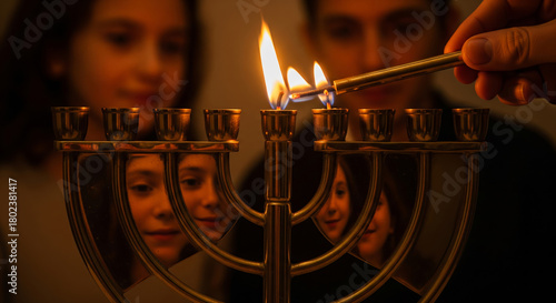 A Row of Family Faces Reflected in the Menorah's Surface While the Shamash Lighting Takes Place
