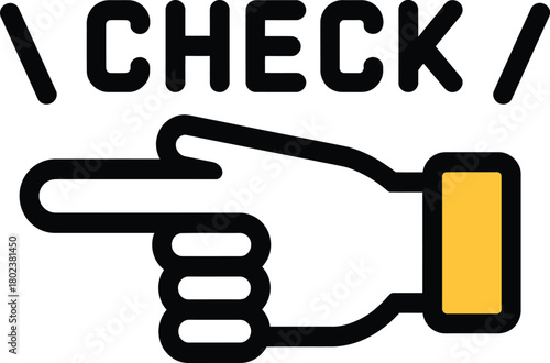 A simple illustration of a hand pointing left, with the word 'CHECK' written above it, a validation concept