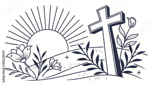 Illustration of a cross with flowers and a rising sun in a simple black and white design style